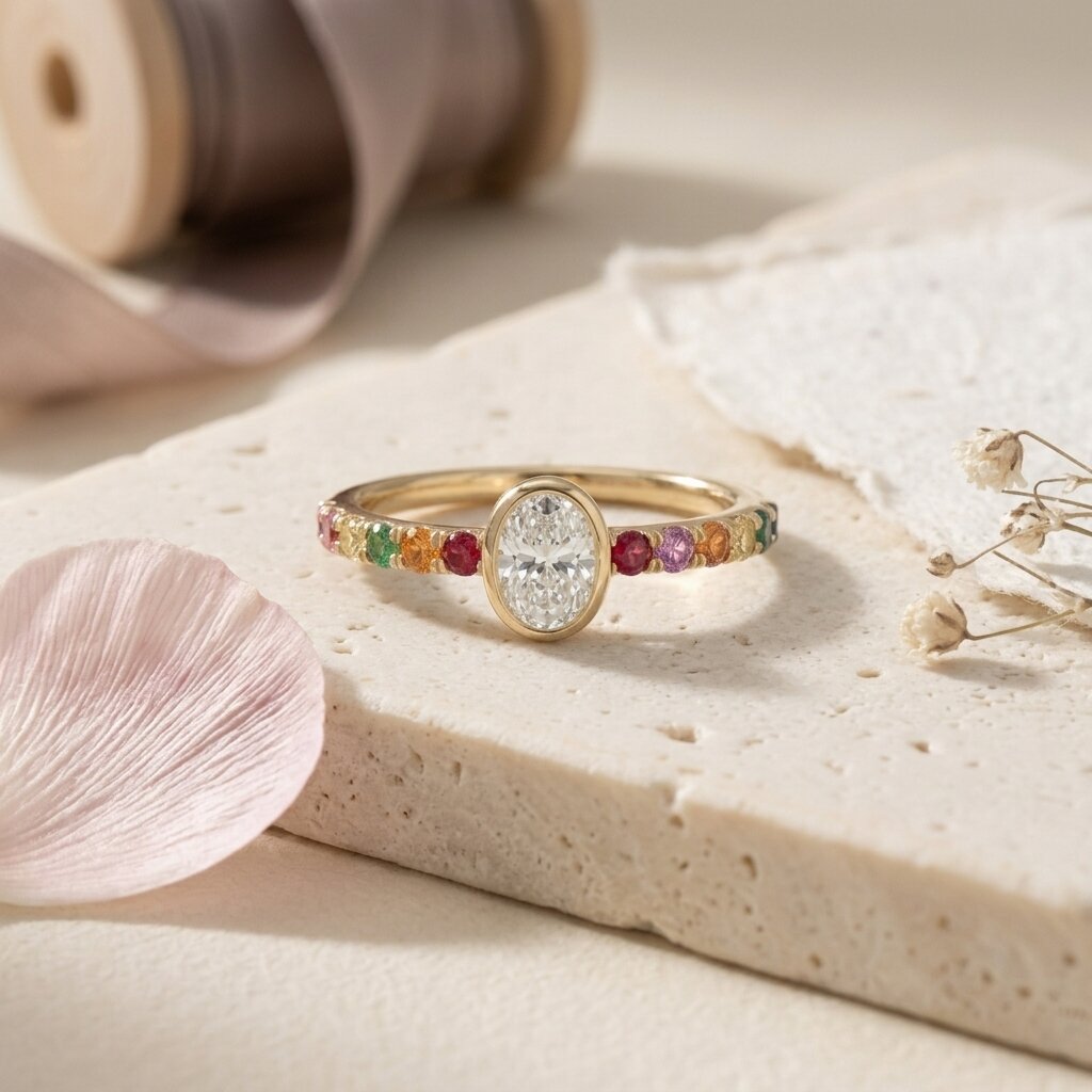 Vintage Oval Cut Bezel Moissanite Engagement Ring, Multi Sapphire Engagement Ring, Inspired Bridal Jewelry, Anniversary gift, Promise Ring The Jewel Temple