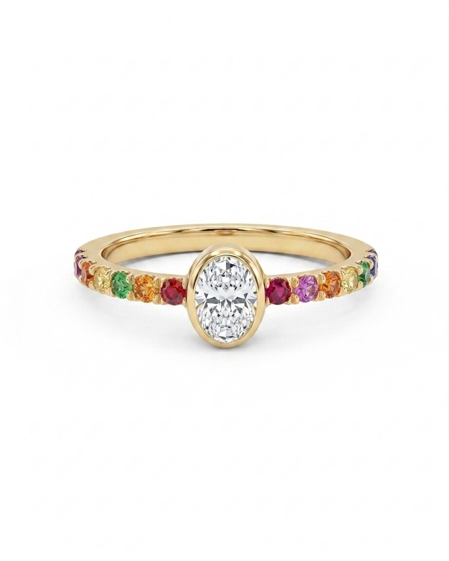 Vintage Oval Cut Bezel Moissanite Engagement Ring, Multi Sapphire Engagement Ring, Inspired Bridal Jewelry, Anniversary gift, Promise Ring The Jewel Temple