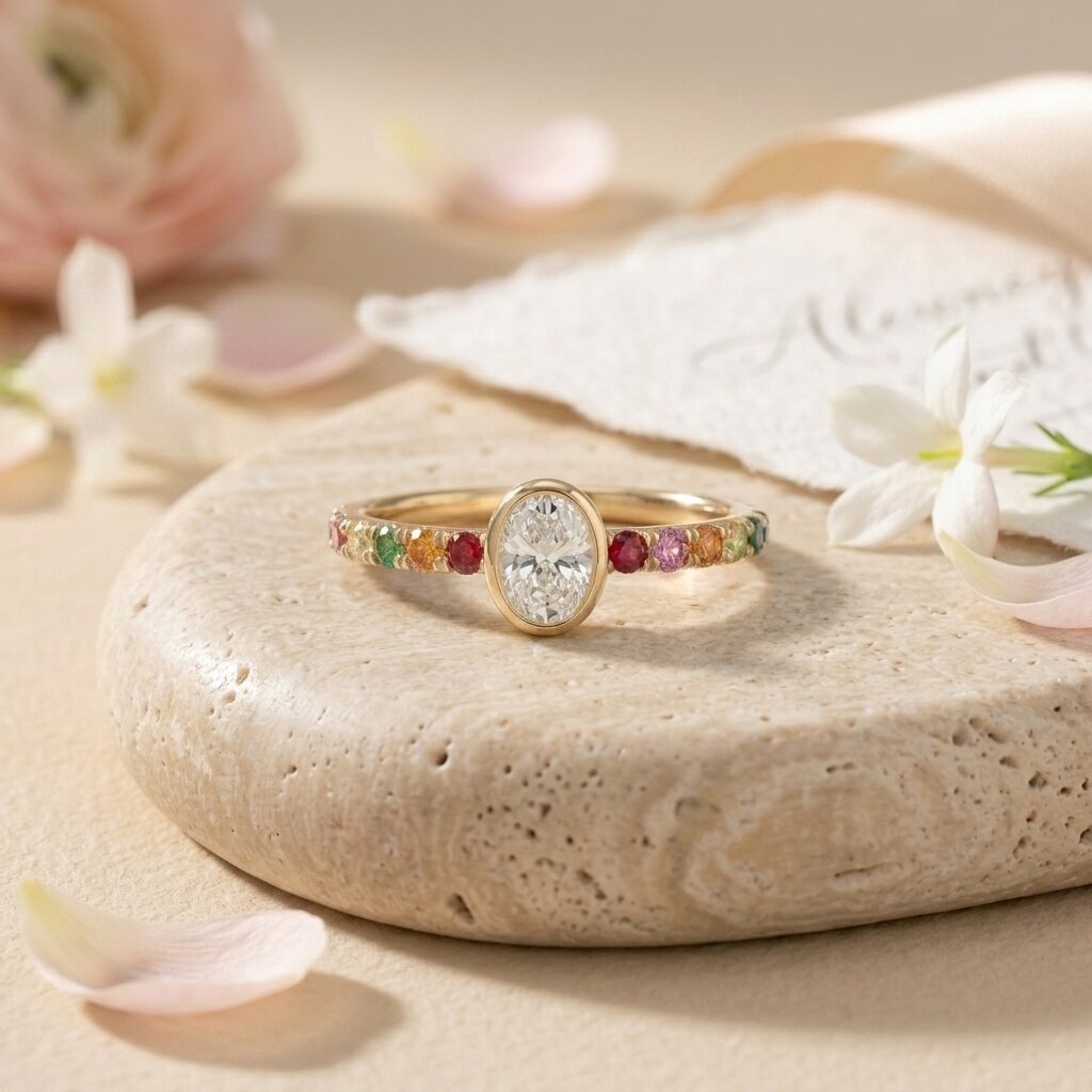 Vintage Oval Cut Bezel Moissanite Engagement Ring, Multi Sapphire Engagement Ring, Inspired Bridal Jewelry, Anniversary gift, Promise Ring The Jewel Temple
