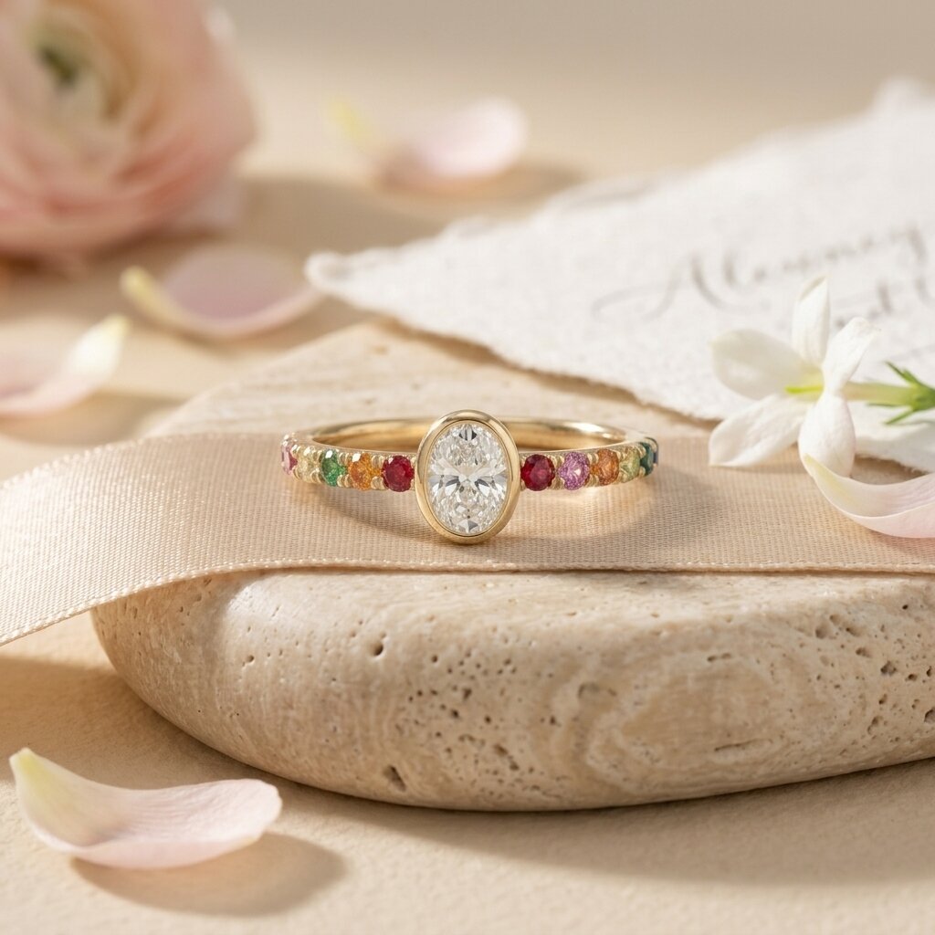 Vintage Oval Cut Bezel Moissanite Engagement Ring, Multi Sapphire Engagement Ring, Inspired Bridal Jewelry, Anniversary gift, Promise Ring The Jewel Temple