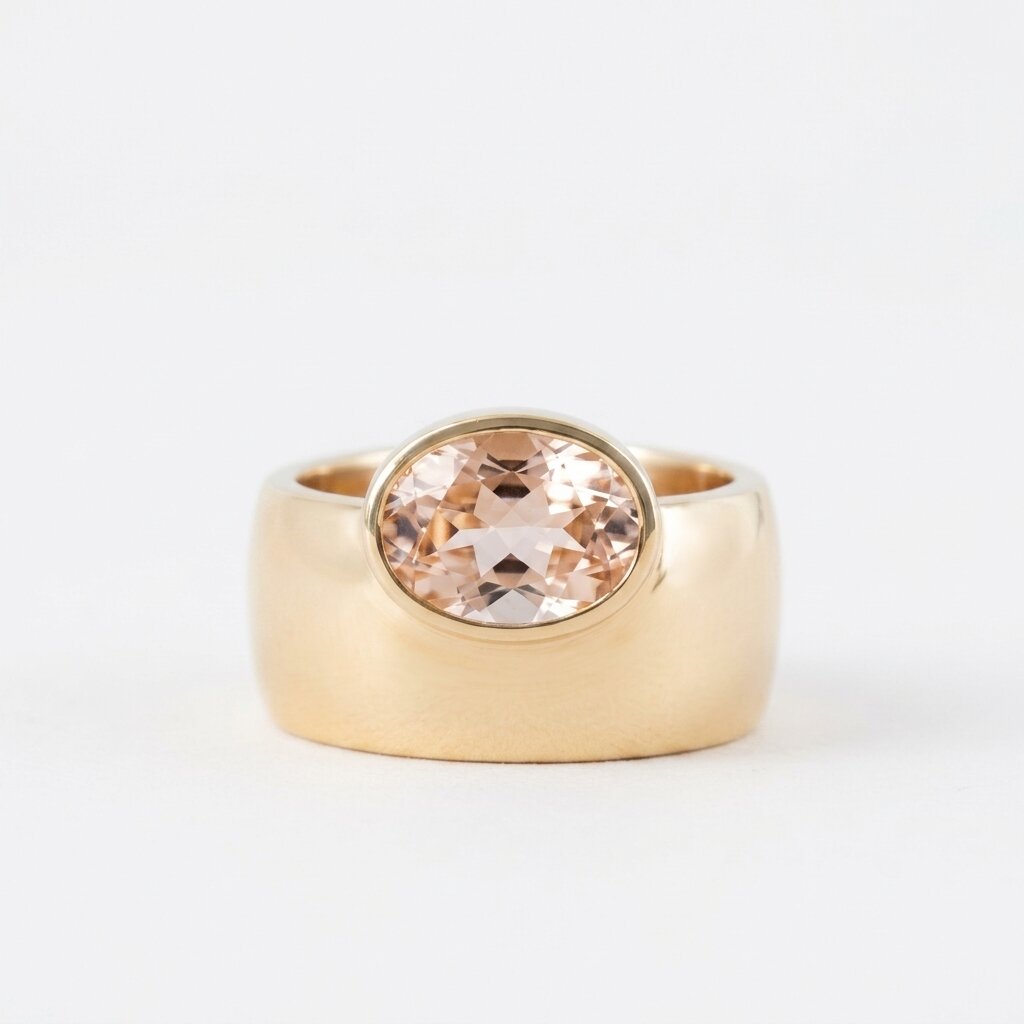 Oval Morganite Off-Set Engagement Ring, Bezel Set Solitaire Ring, Wide Gold Band Ring, Statement Jewelry, Peach Pink Gemstone Ring Gifts