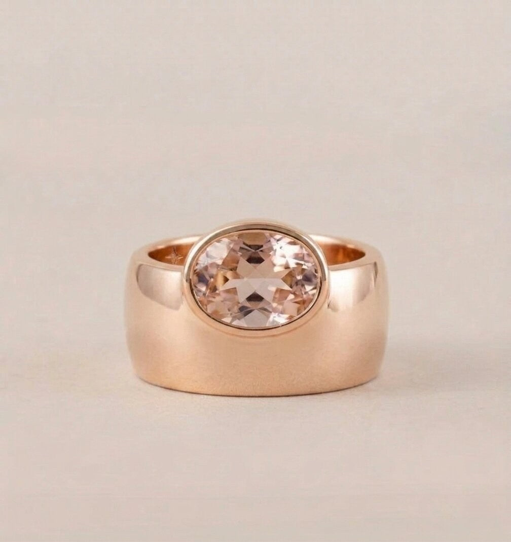 Oval Morganite Off-Set Engagement Ring, Bezel Set Solitaire Ring, Wide Gold Band Ring, Statement Jewelry, Peach Pink Gemstone Ring Gifts