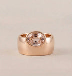 Oval Morganite Off-Set Engagement Ring, Bezel Set Solitaire Ring, Wide Gold Band Ring, Statement Jewelry, Peach Pink Gemstone Ring Gifts