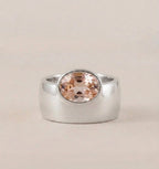 Oval Morganite Off-Set Engagement Ring, Bezel Set Solitaire Ring, Wide Gold Band Ring, Statement Jewelry, Peach Pink Gemstone Ring Gifts