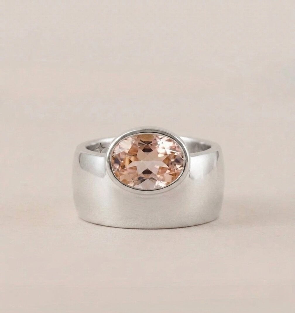 Oval Morganite Off-Set Engagement Ring, Bezel Set Solitaire Ring, Wide Gold Band Ring, Statement Jewelry, Peach Pink Gemstone Ring Gifts