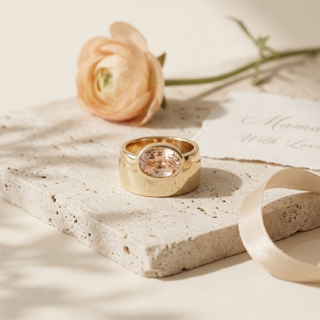 Oval Morganite Off-Set Engagement Ring, Bezel Set Solitaire Ring, Wide Gold Band Ring, Statement Jewelry, Peach Pink Gemstone Ring Gifts