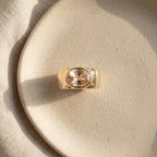 Oval Morganite Off-Set Engagement Ring, Bezel Set Solitaire Ring, Wide Gold Band Ring, Statement Jewelry, Peach Pink Gemstone Ring Gifts