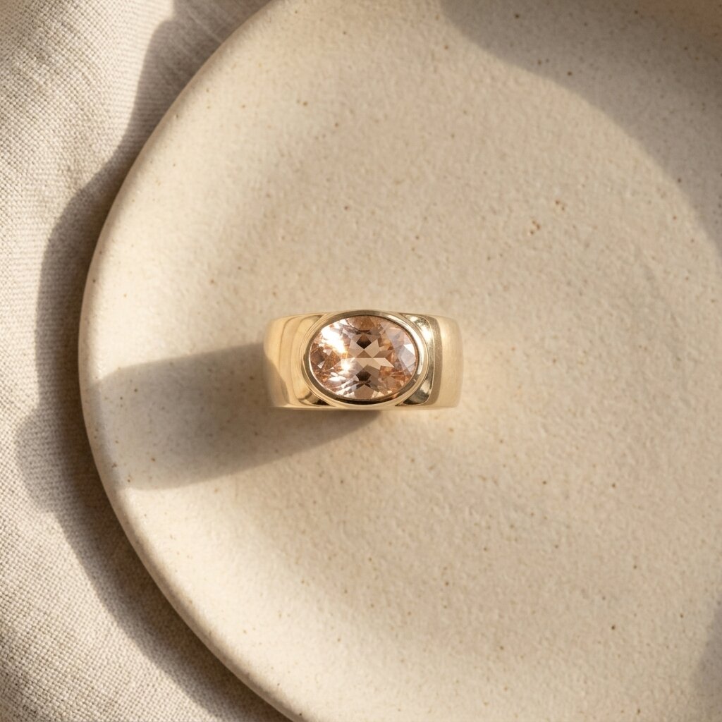 Oval Morganite Off-Set Engagement Ring, Bezel Set Solitaire Ring, Wide Gold Band Ring, Statement Jewelry, Peach Pink Gemstone Ring Gifts