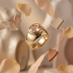 Oval Morganite Off-Set Engagement Ring, Bezel Set Solitaire Ring, Wide Gold Band Ring, Statement Jewelry, Peach Pink Gemstone Ring Gifts
