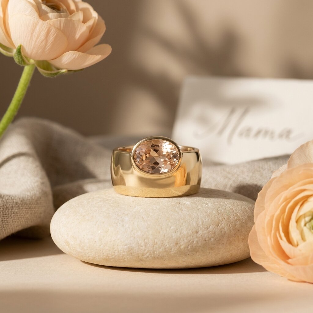 Oval Morganite Off-Set Engagement Ring, Bezel Set Solitaire Ring, Wide Gold Band Ring, Statement Jewelry, Peach Pink Gemstone Ring Gifts