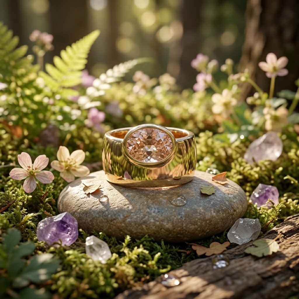 Oval Morganite Off-Set Engagement Ring, Bezel Set Solitaire Ring, Wide Gold Band Ring, Statement Jewelry, Peach Pink Gemstone Ring Gifts