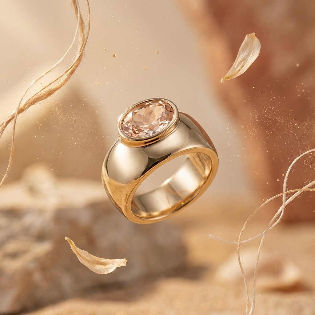 Oval Morganite Off-Set Engagement Ring, Bezel Set Solitaire Ring, Wide Gold Band Ring, Statement Jewelry, Peach Pink Gemstone Ring Gifts