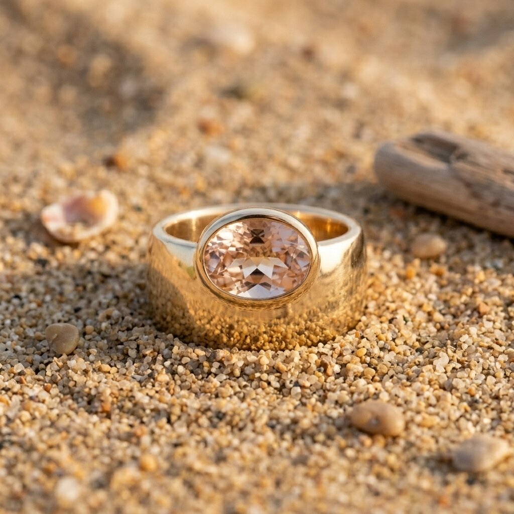 Oval Morganite Off-Set Engagement Ring, Bezel Set Solitaire Ring, Wide Gold Band Ring, Statement Jewelry, Peach Pink Gemstone Ring Gifts