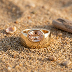 Oval Morganite Off-Set Engagement Ring, Bezel Set Solitaire Ring, Wide Gold Band Ring, Statement Jewelry, Peach Pink Gemstone Ring Gifts