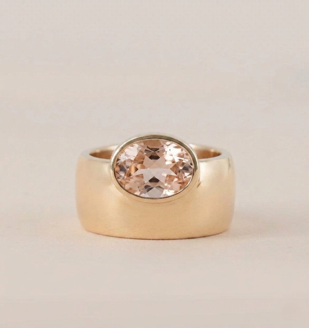 Oval Morganite Off-Set Engagement Ring, Bezel Set Solitaire Ring, Wide Gold Band Ring, Statement Jewelry, Peach Pink Gemstone Ring Gifts
