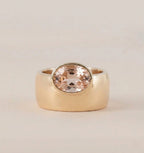 Oval Morganite Off-Set Engagement Ring, Bezel Set Solitaire Ring, Wide Gold Band Ring, Statement Jewelry, Peach Pink Gemstone Ring Gifts