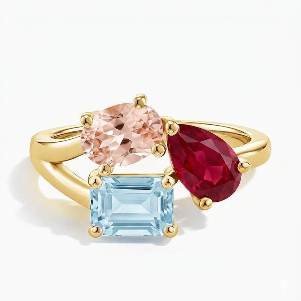 18kToi et Moi Morganite Ruby Aquamarine Ring,Three Stone Engagement Ring, Multi Gemstone Statement Ring, Unique Gold Ring Gift, Gift for her The Jewel Temple