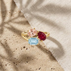 18kToi et Moi Morganite Ruby Aquamarine Ring,Three Stone Engagement Ring, Multi Gemstone Statement Ring, Unique Gold Ring Gift, Gift for her The Jewel Temple