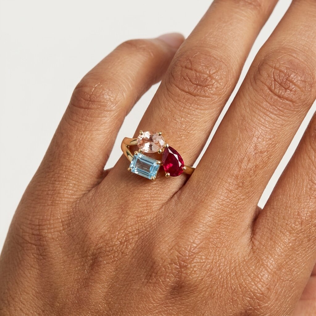 18kToi et Moi Morganite Ruby Aquamarine Ring,Three Stone Engagement Ring, Multi Gemstone Statement Ring, Unique Gold Ring Gift, Gift for her The Jewel Temple