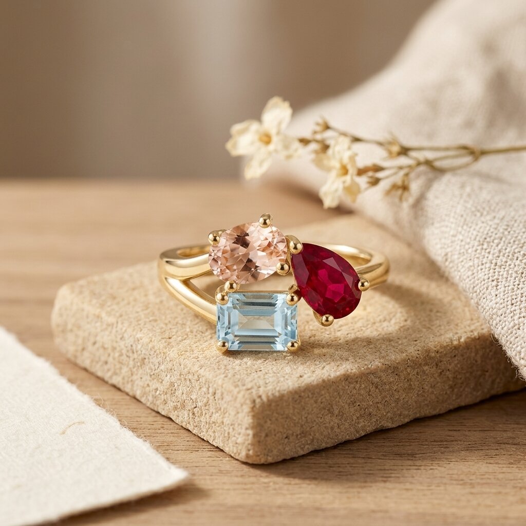 18kToi et Moi Morganite Ruby Aquamarine Ring,Three Stone Engagement Ring, Multi Gemstone Statement Ring, Unique Gold Ring Gift, Gift for her The Jewel Temple