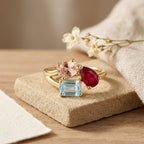 18kToi et Moi Morganite Ruby Aquamarine Ring,Three Stone Engagement Ring, Multi Gemstone Statement Ring, Unique Gold Ring Gift, Gift for her The Jewel Temple