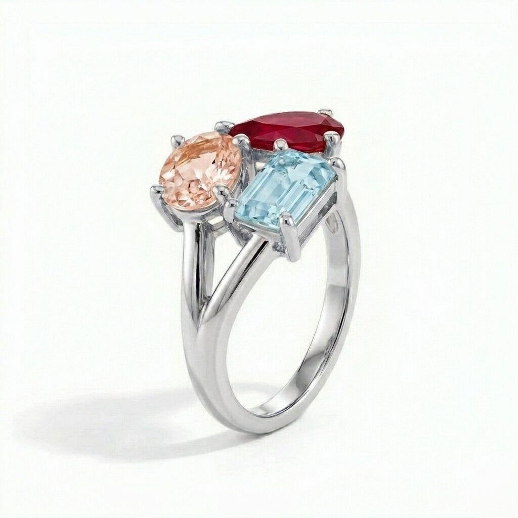 18kToi et Moi Morganite Ruby Aquamarine Ring,Three Stone Engagement Ring, Multi Gemstone Statement Ring, Unique Gold Ring Gift, Gift for her The Jewel Temple