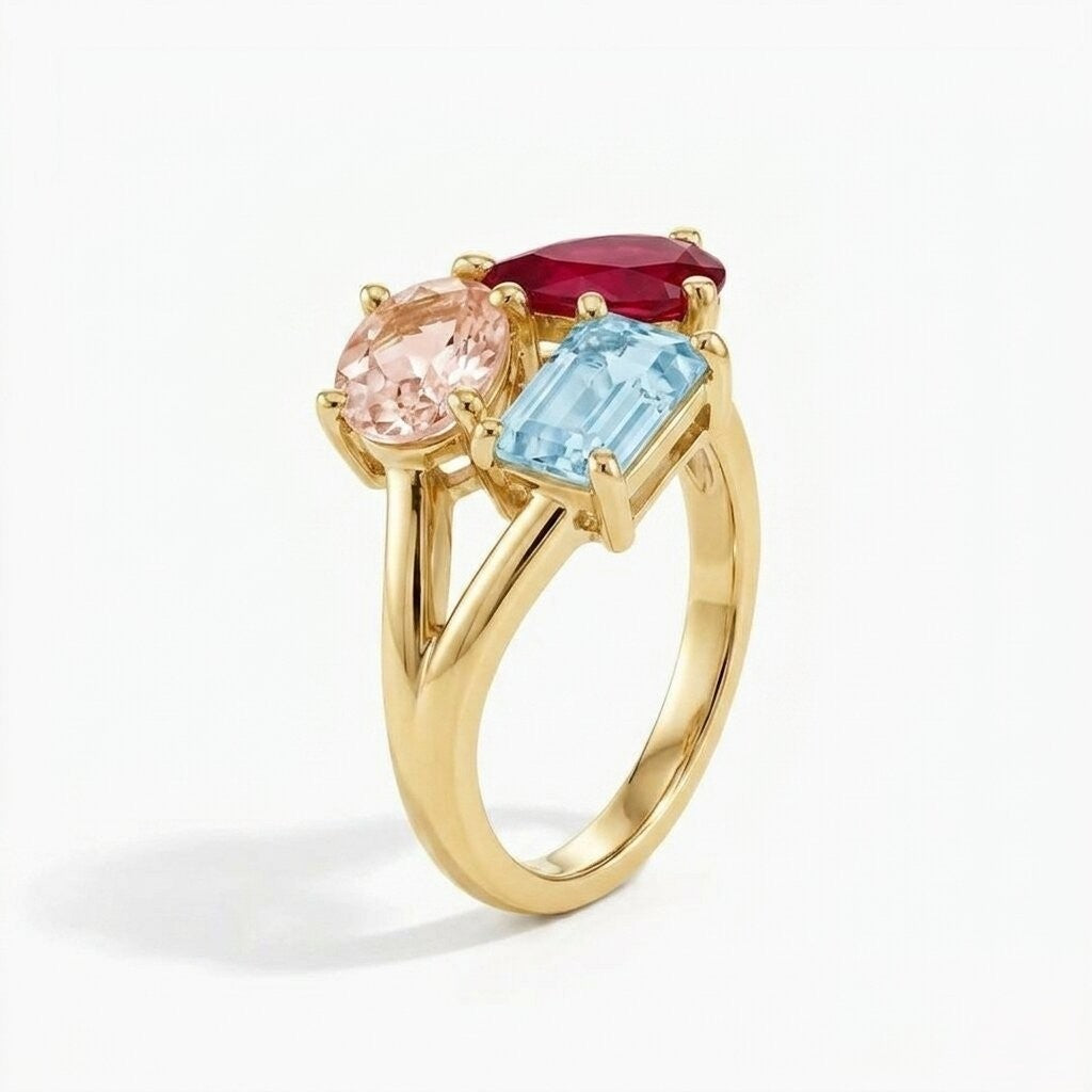 18kToi et Moi Morganite Ruby Aquamarine Ring,Three Stone Engagement Ring, Multi Gemstone Statement Ring, Unique Gold Ring Gift, Gift for her The Jewel Temple