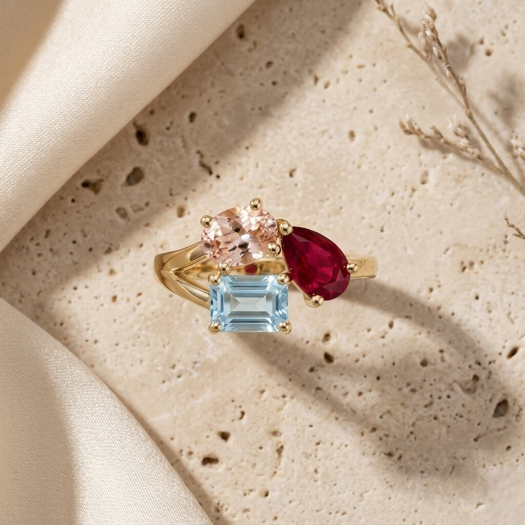 18kToi et Moi Morganite Ruby Aquamarine Ring,Three Stone Engagement Ring, Multi Gemstone Statement Ring, Unique Gold Ring Gift, Gift for her The Jewel Temple