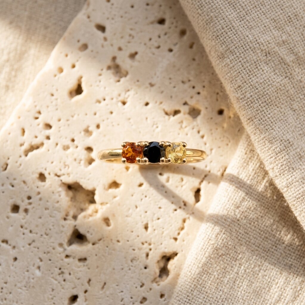 Three Stone Gemstone Ring, Yellow Gold Band, Black Orange Stones, Minimalist Engagement Ring