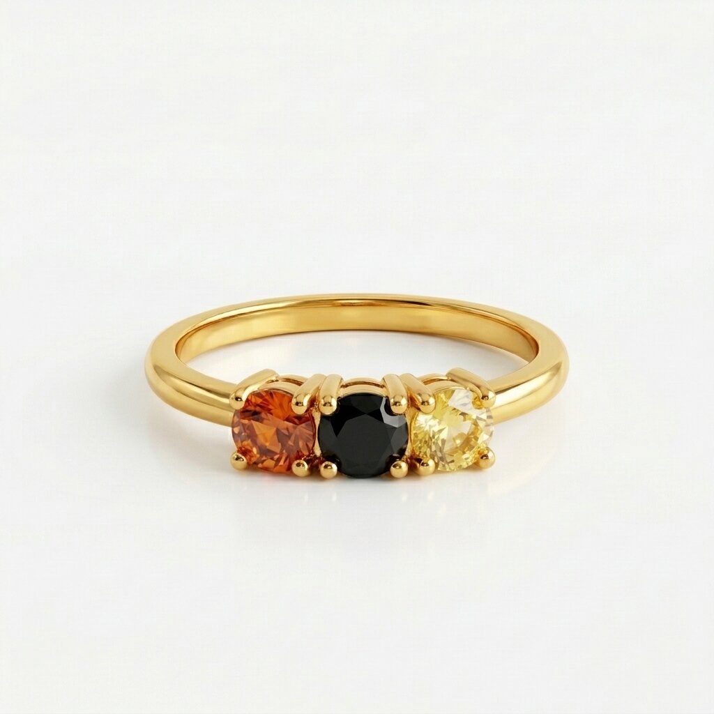 Three Stone Gemstone Ring, Yellow Gold Band, Black Orange Stones, Minimalist Engagement Ring