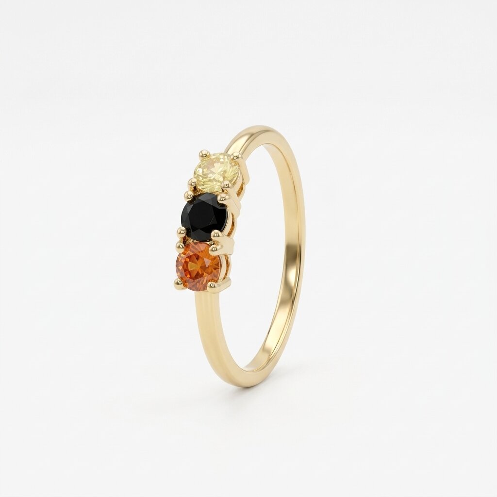 Three Stone Gemstone Ring, Yellow Gold Band, Black Orange Stones, Minimalist Engagement Ring