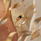 Three Stone Gemstone Ring, Yellow Gold Band, Black Orange Stones, Minimalist Engagement Ring