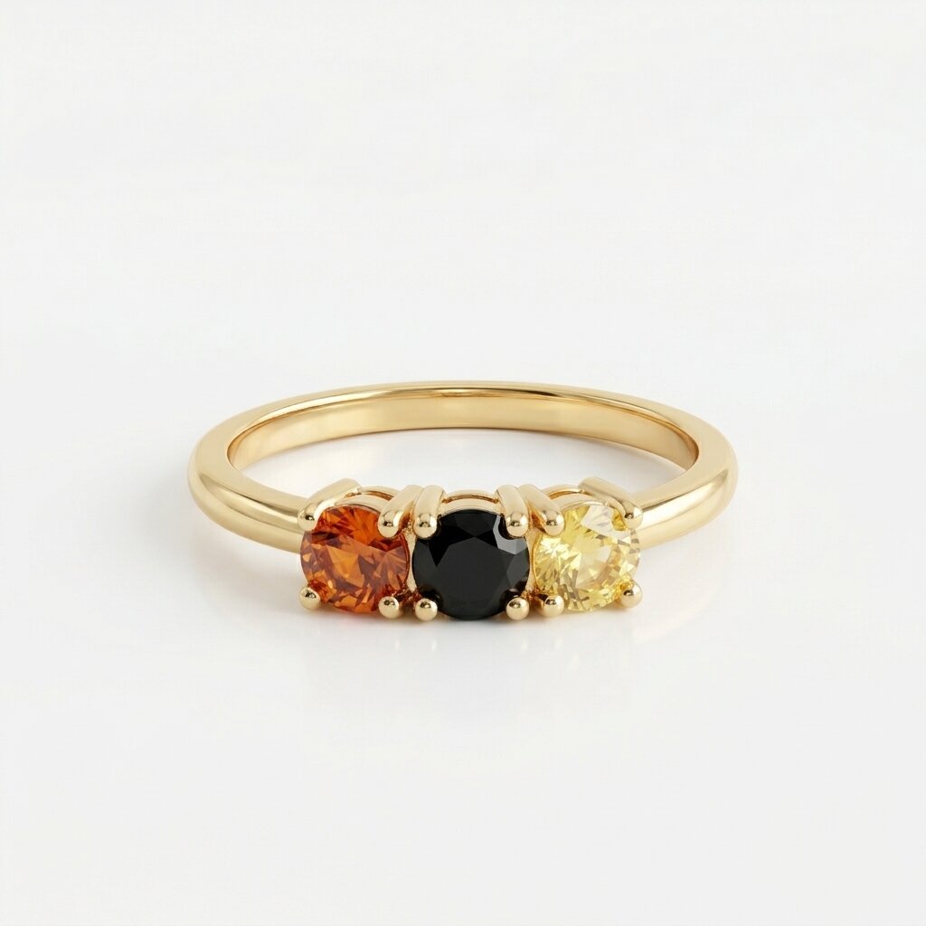 Three Stone Gemstone Ring, Yellow Gold Band, Black Orange Stones, Minimalist Engagement Ring