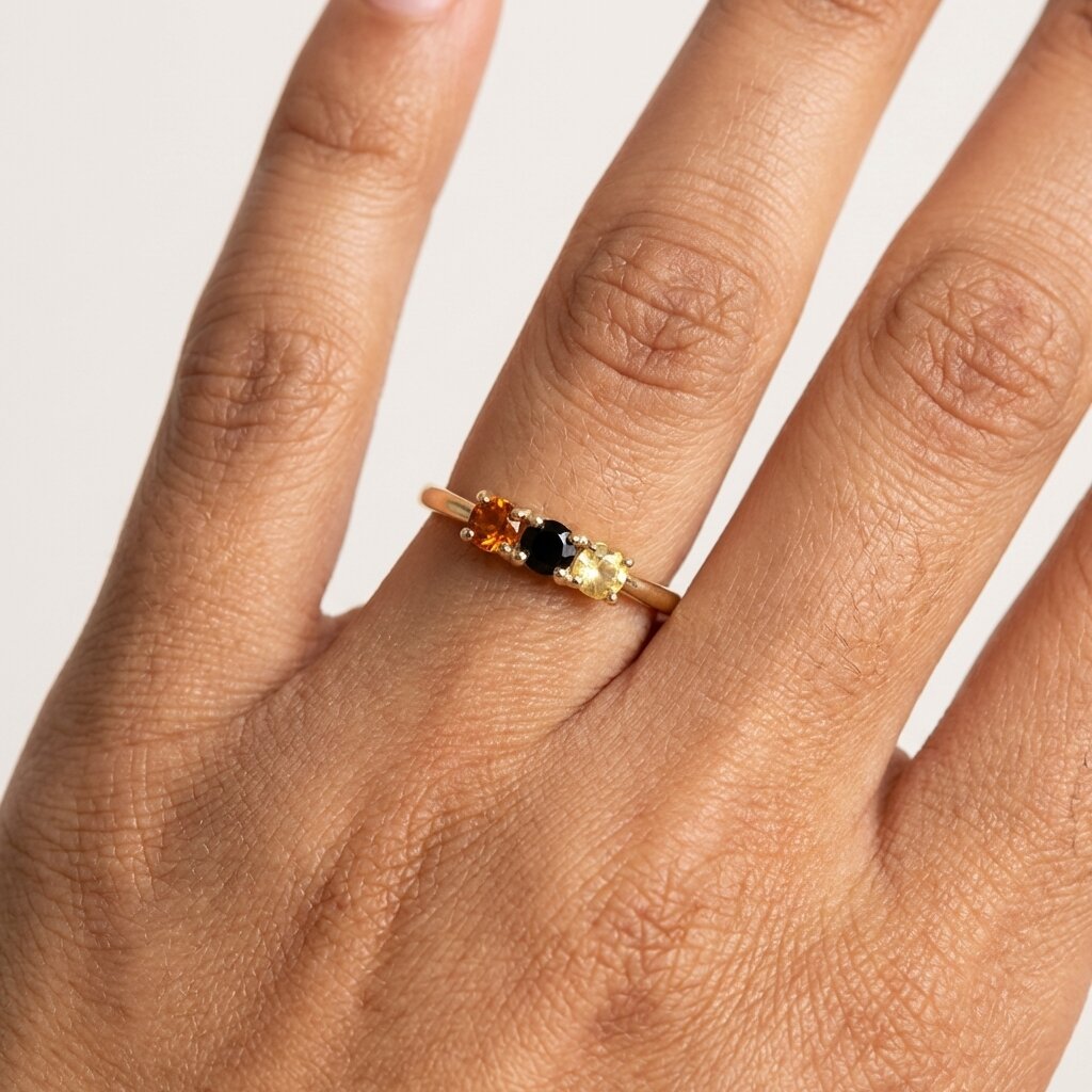 Three Stone Gemstone Ring, Yellow Gold Band, Black Orange Stones, Minimalist Engagement Ring