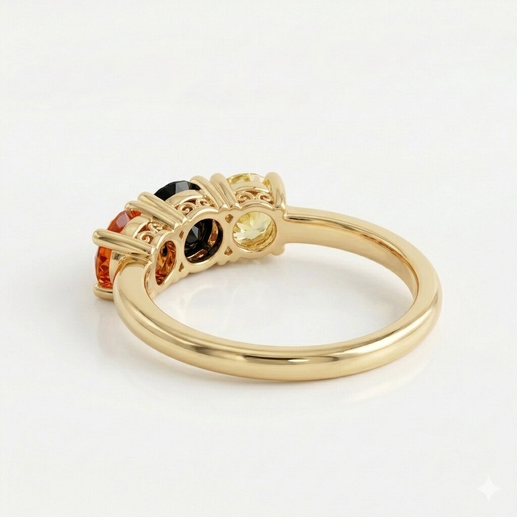 Three Stone Gemstone Ring, Yellow Gold Band, Black Orange Stones, Minimalist Engagement Ring