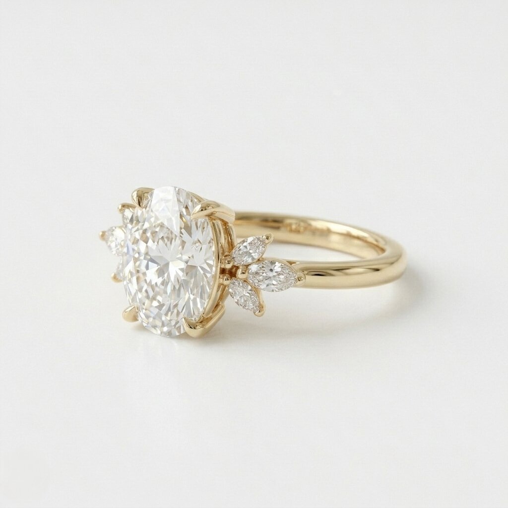 Oval Moissanite Floral Engagement Ring, Yellow Gold Cluster Diamond Ring