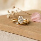 Oval Moissanite Engagement Ring, 14K Gold Open Band Ring, Minimalist Split Shank Ring, Twp Stone Ring, Moissanite Promise Ring