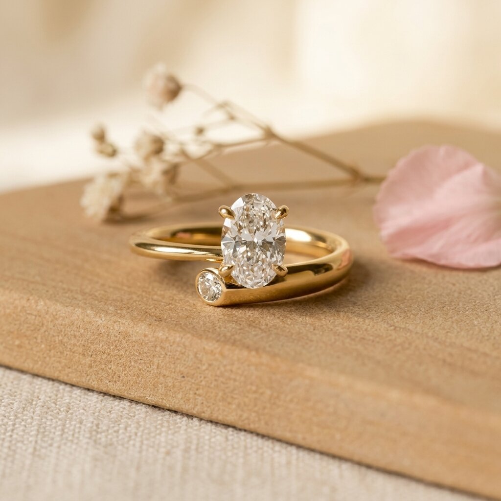 Oval Moissanite Engagement Ring, 14K Gold Open Band Ring, Minimalist Split Shank Ring, Twp Stone Ring, Moissanite Promise Ring