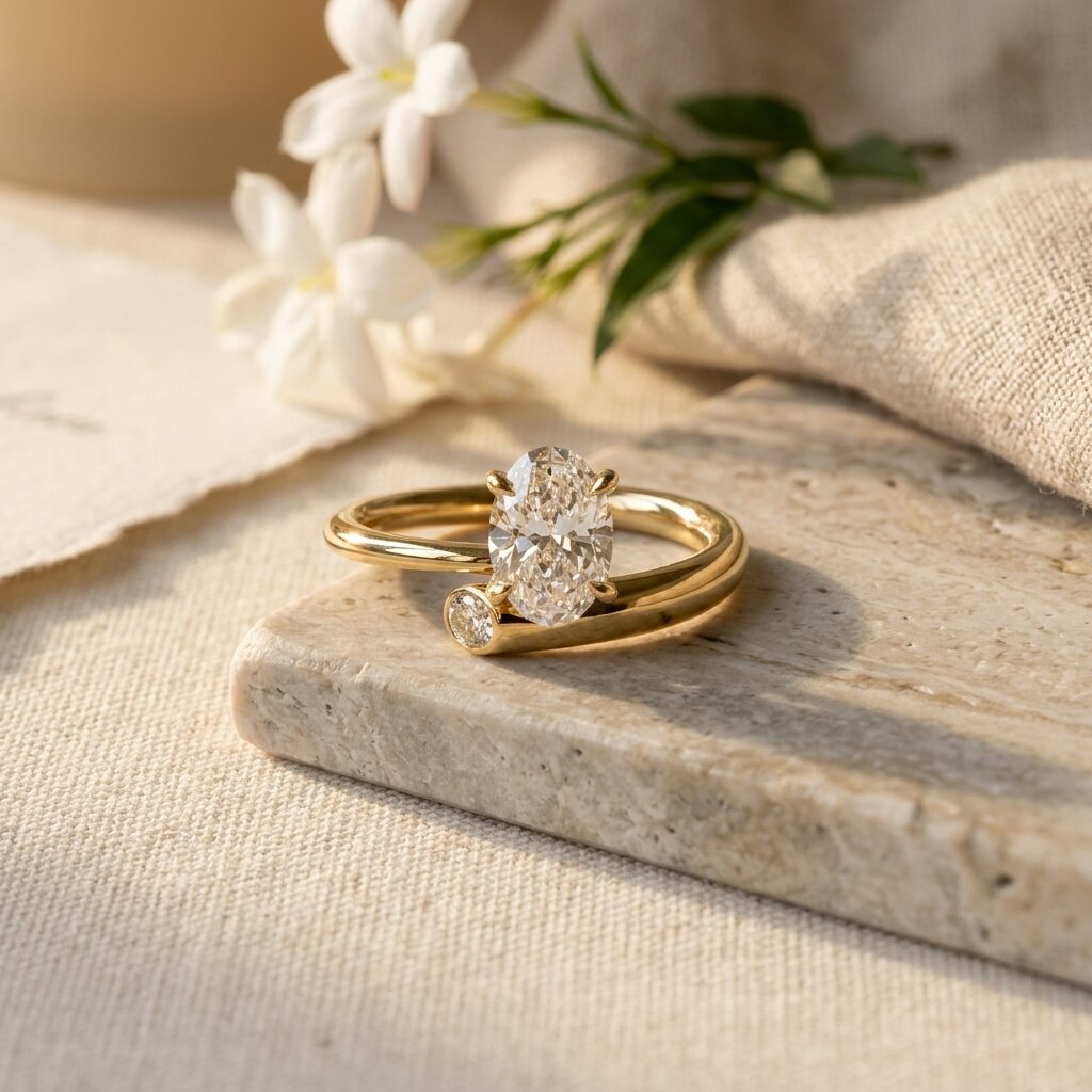 Oval Moissanite Engagement Ring, 14K Gold Open Band Ring, Minimalist Split Shank Ring, Twp Stone Ring, Moissanite Promise Ring