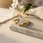 Oval Moissanite Engagement Ring, 14K Gold Open Band Ring, Minimalist Split Shank Ring, Twp Stone Ring, Moissanite Promise Ring