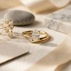 Oval Moissanite Engagement Ring, 14K Gold Open Band Ring, Minimalist Split Shank Ring, Twp Stone Ring, Moissanite Promise Ring