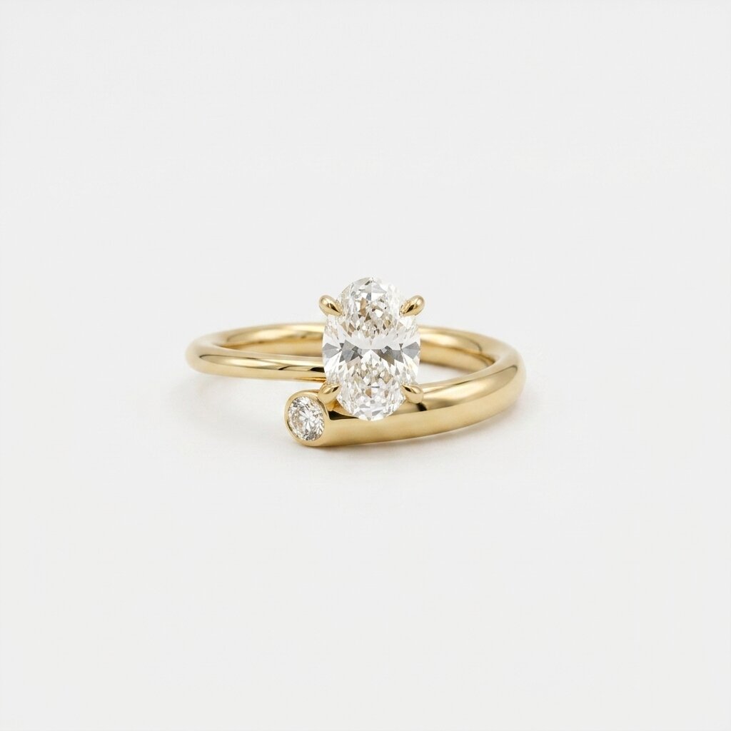 Oval Moissanite Engagement Ring, 14K Gold Open Band Ring, Minimalist Split Shank Ring, Twp Stone Ring, Moissanite Promise Ring