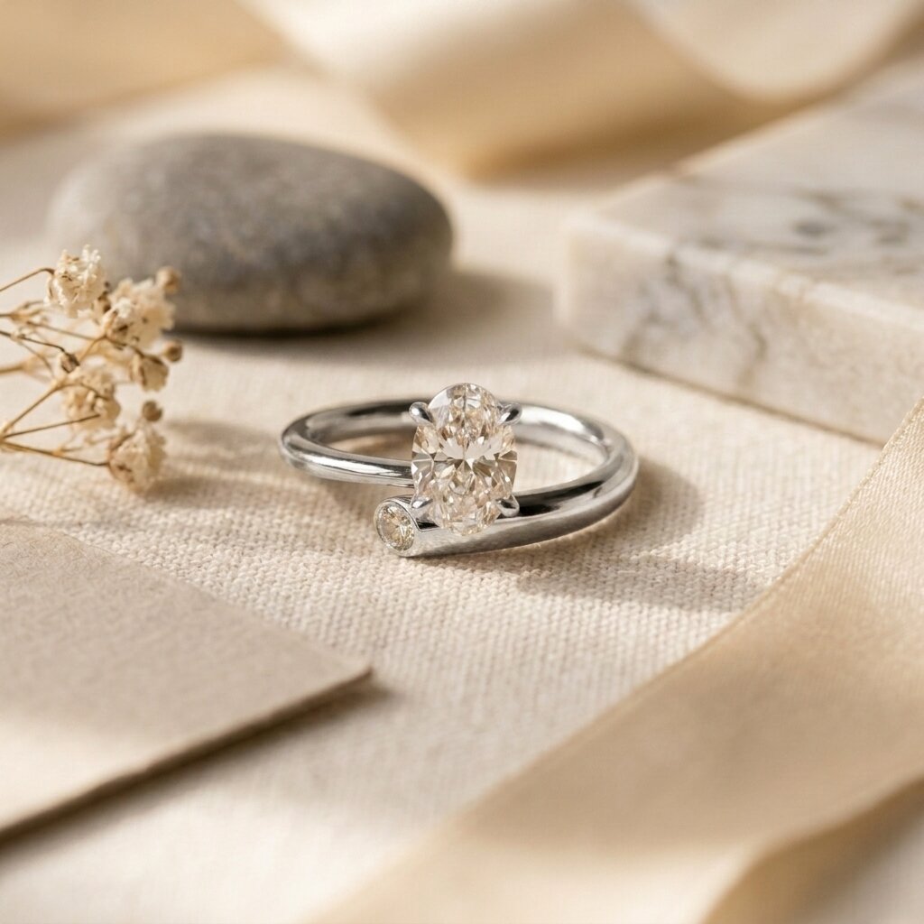 Oval Moissanite Engagement Ring, 14K Gold Open Band Ring, Minimalist Split Shank Ring, Twp Stone Ring, Moissanite Promise Ring