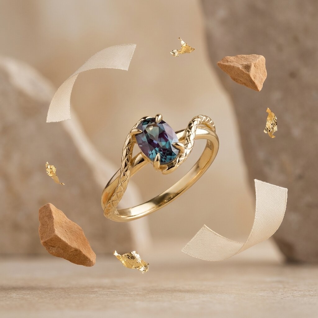 Oval Cut Alexandrite Snake Ring, 14k Gold Engagement Ring, Color Changing Gemstone