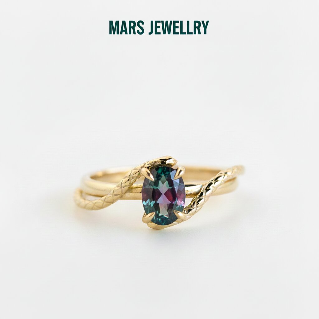 Oval Cut Alexandrite Snake Ring, 14k Gold Engagement Ring, Color Changing Gemstone