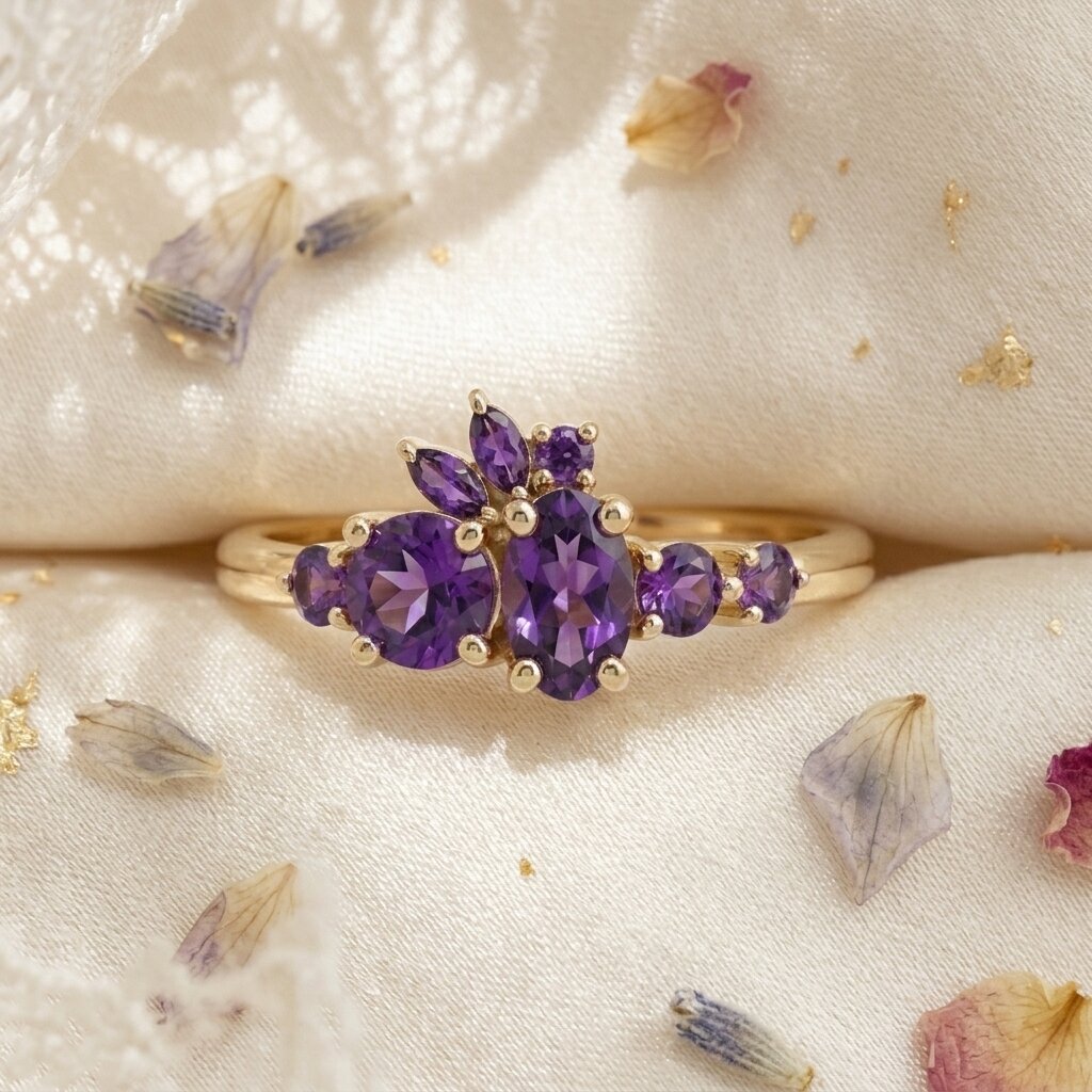 14k Solid Gold Amethyst Cluster Ring, Marquise Floral Engagement Ring