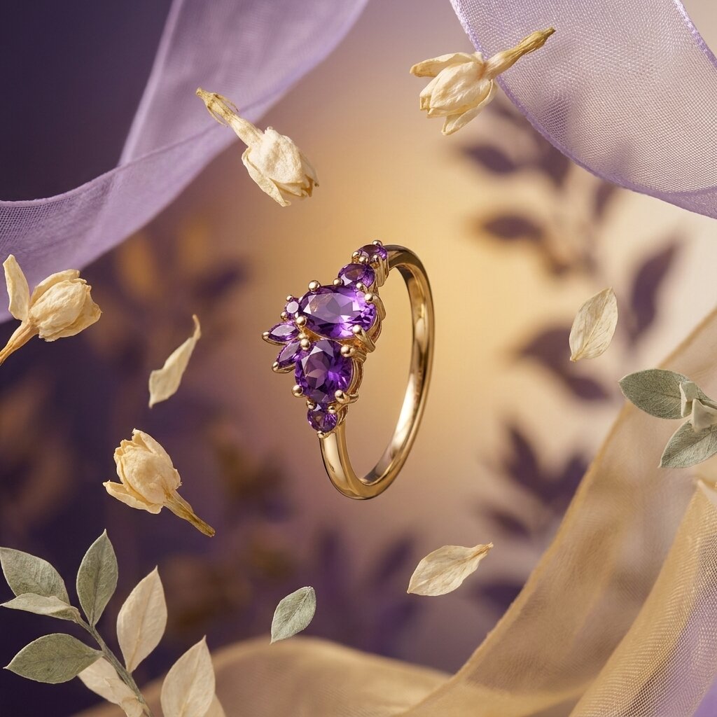 14k Solid Gold Amethyst Cluster Ring, Marquise Floral Engagement Ring