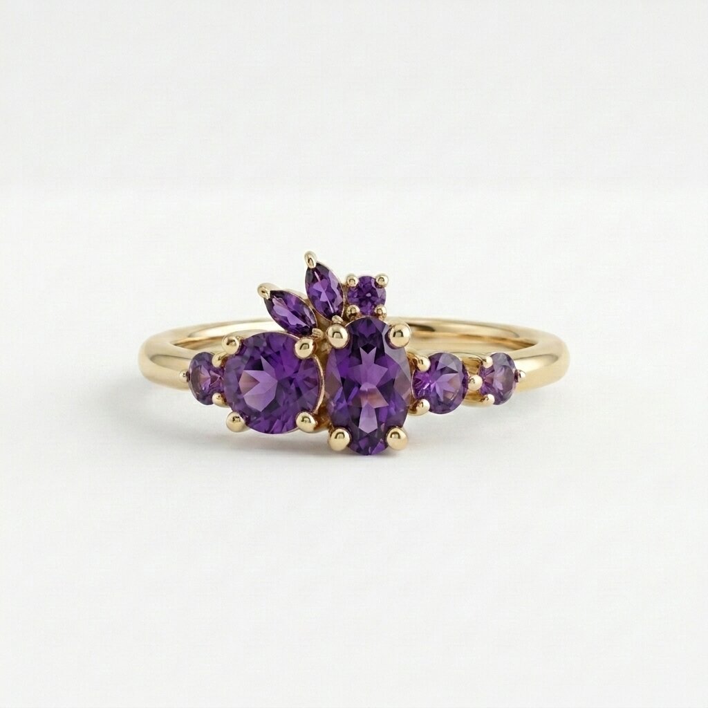 14k Solid Gold Amethyst Cluster Ring, Marquise Floral Engagement Ring