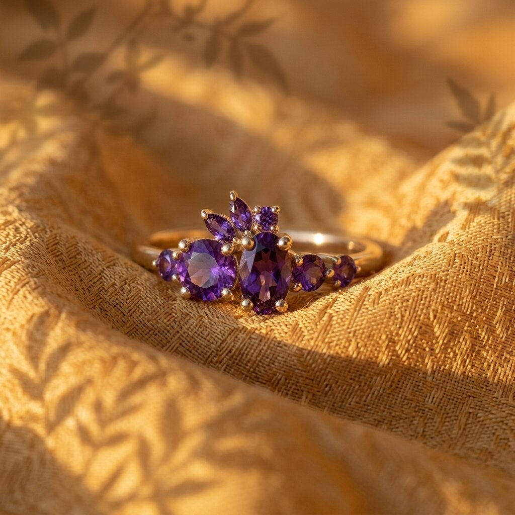 14k Solid Gold Amethyst Cluster Ring, Marquise Floral Engagement Ring