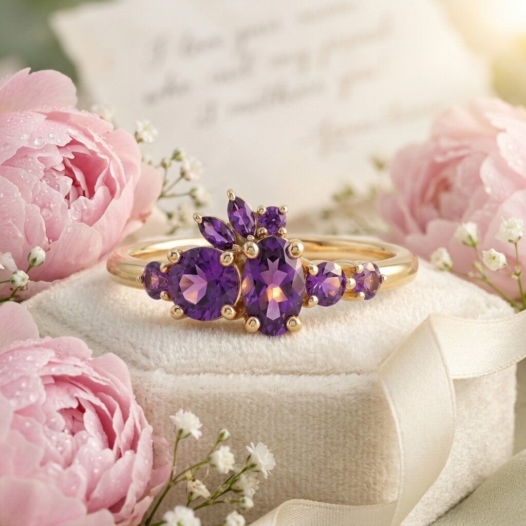 14k Solid Gold Amethyst Cluster Ring, Marquise Floral Engagement Ring